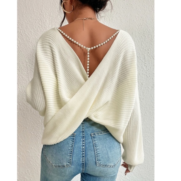 Off White Backless Pearl Detail Oversized Knit Sweater Twisted Back Long Sleeve - Picture 2 of 7